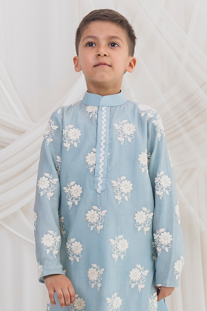 Blue Mul Chanderi Embroidered Kurta Set For Boys by Chotibuti at Pernia's Pop Up Shop