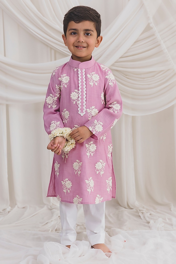 Pink Mul Chanderi Embroidered Kurta Set For Boys by Chotibuti at Pernia's Pop Up Shop