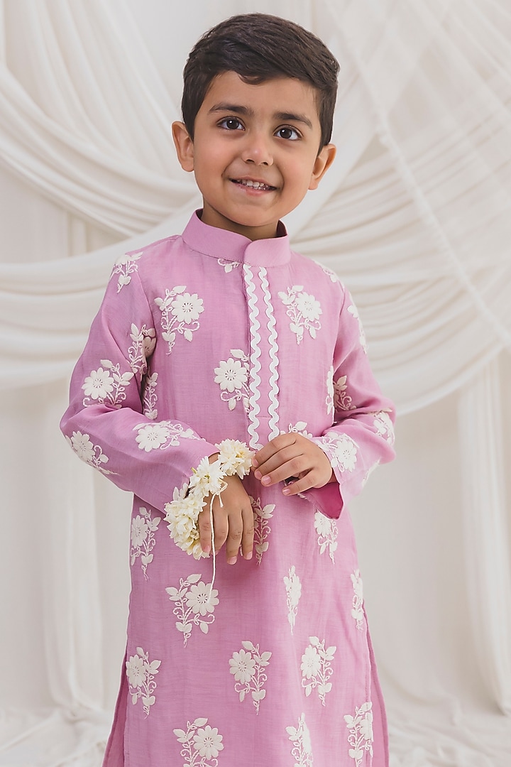 Pink Mul Chanderi Embroidered Kurta Set For Boys by Chotibuti at Pernia's Pop Up Shop