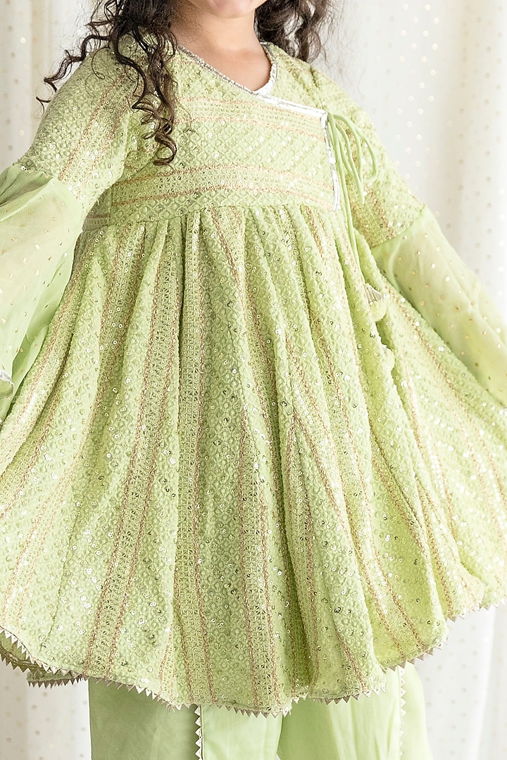 Green Chikankari Embroidered Kurta Set For Girls by Chotibuti at Pernia's Pop Up Shop