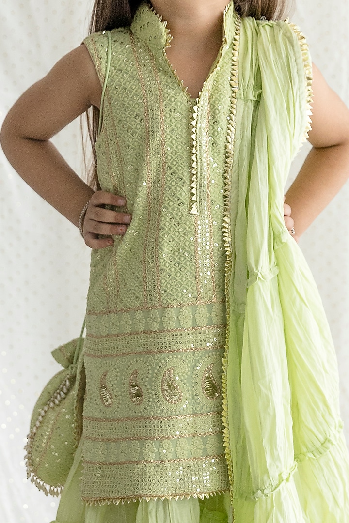 Green Mulmul Sharara Set For Girls by Chotibuti at Pernia's Pop Up Shop