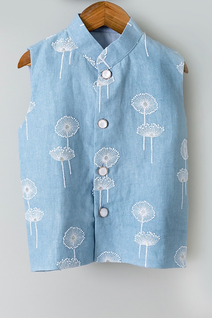 Blue Linen Embroidered Bundi Jacket Set For Boys by Chotibuti at Pernia's Pop Up Shop