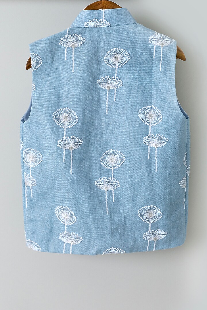 Blue Linen Embroidered Bundi Jacket Set For Boys by Chotibuti at Pernia's Pop Up Shop