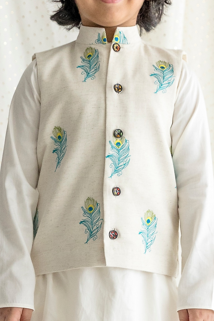 Ivory Cotton Embroidered Bundi Jacket Set For Boys by Chotibuti at Pernia's Pop Up Shop