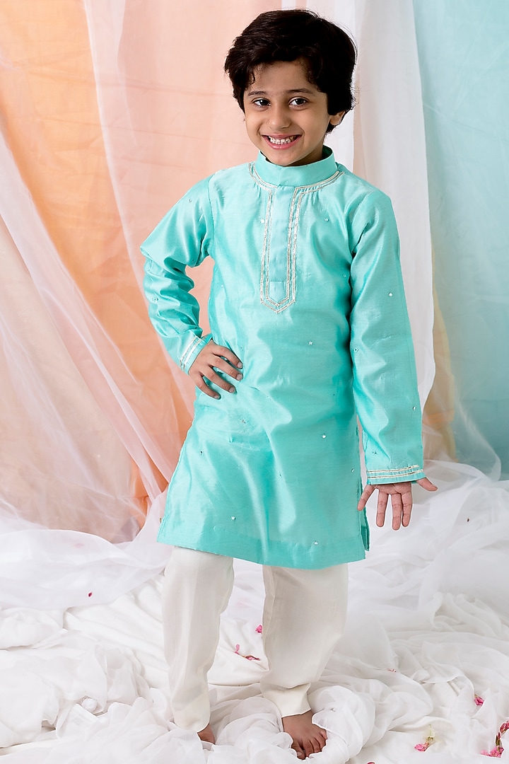 White Chanderi Thread Embroidered Nehru Jacket Set For Boys by Chotibuti at Pernia's Pop Up Shop
