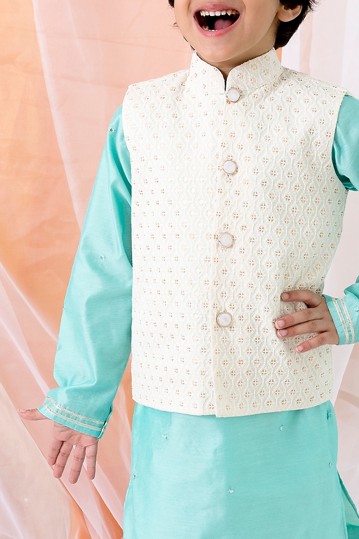 White Chanderi Thread Embroidered Nehru Jacket Set For Boys by Chotibuti at Pernia's Pop Up Shop