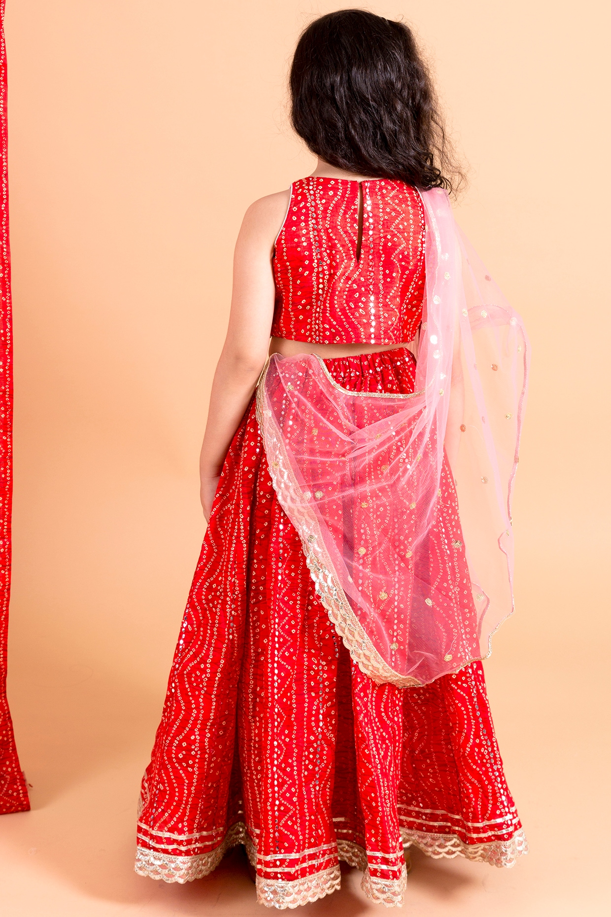 Buy Red Bandhani Hand Block Printed Modal Silk Lehenga Set - Set of 3 |  BAI_LS_22/BACT30JAN | The loom