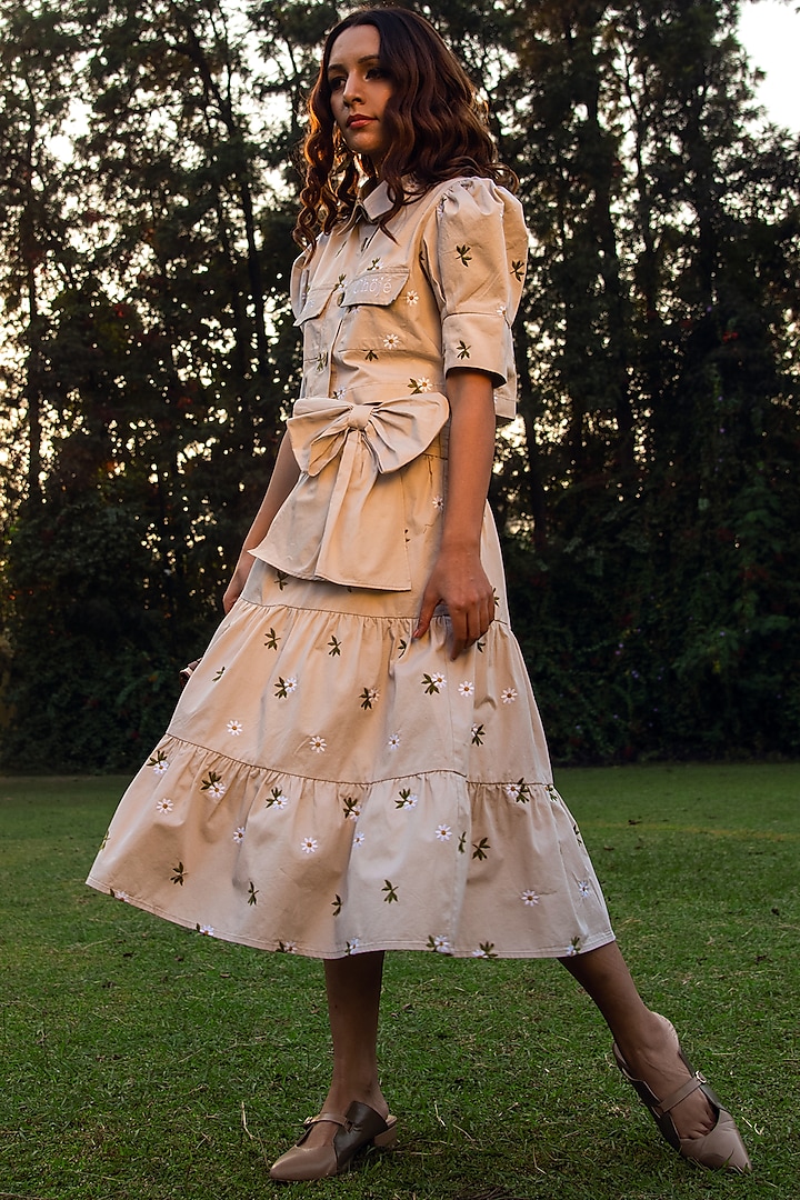 Beige Cotton Floral Skirt by Choje at Pernia's Pop Up Shop