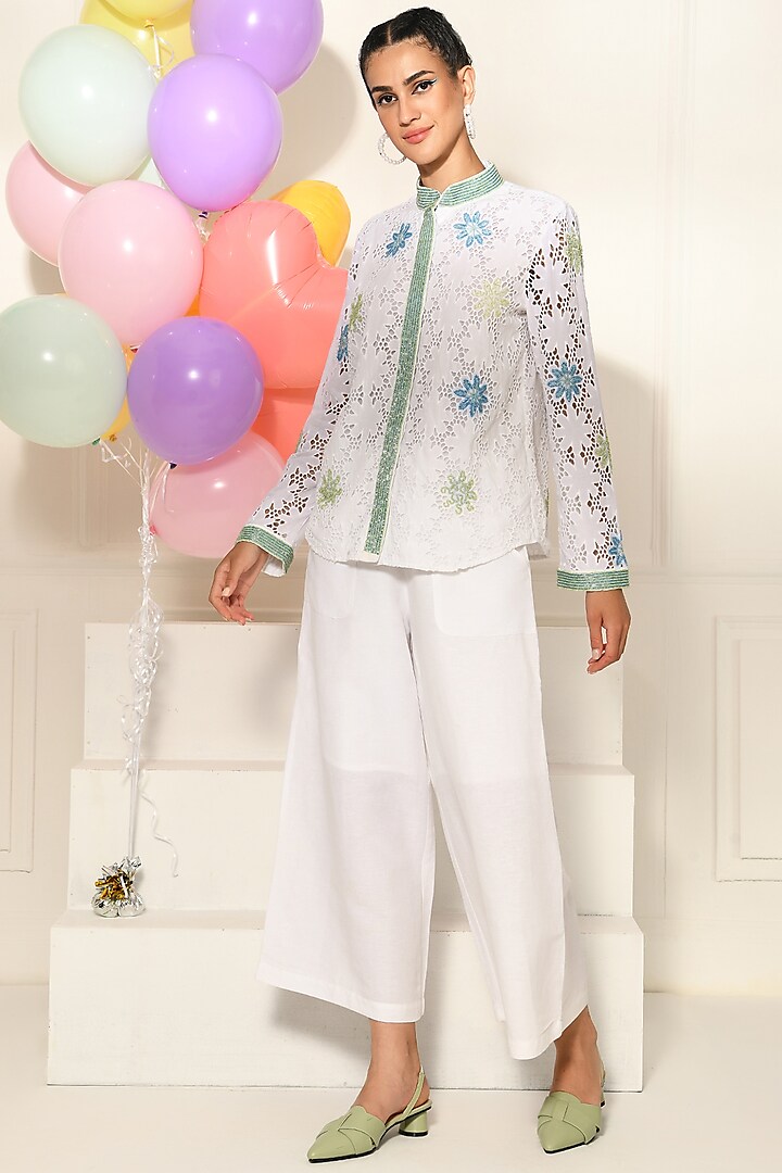 White & Green Embroidered Shirt by Choje