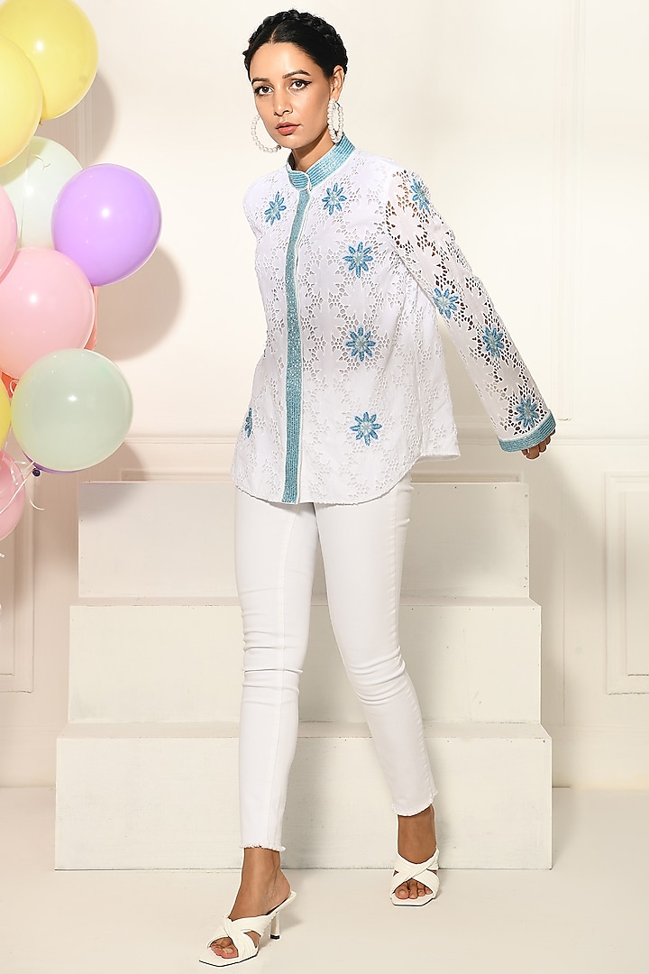 White & Blue Embroidered Shirt by Choje