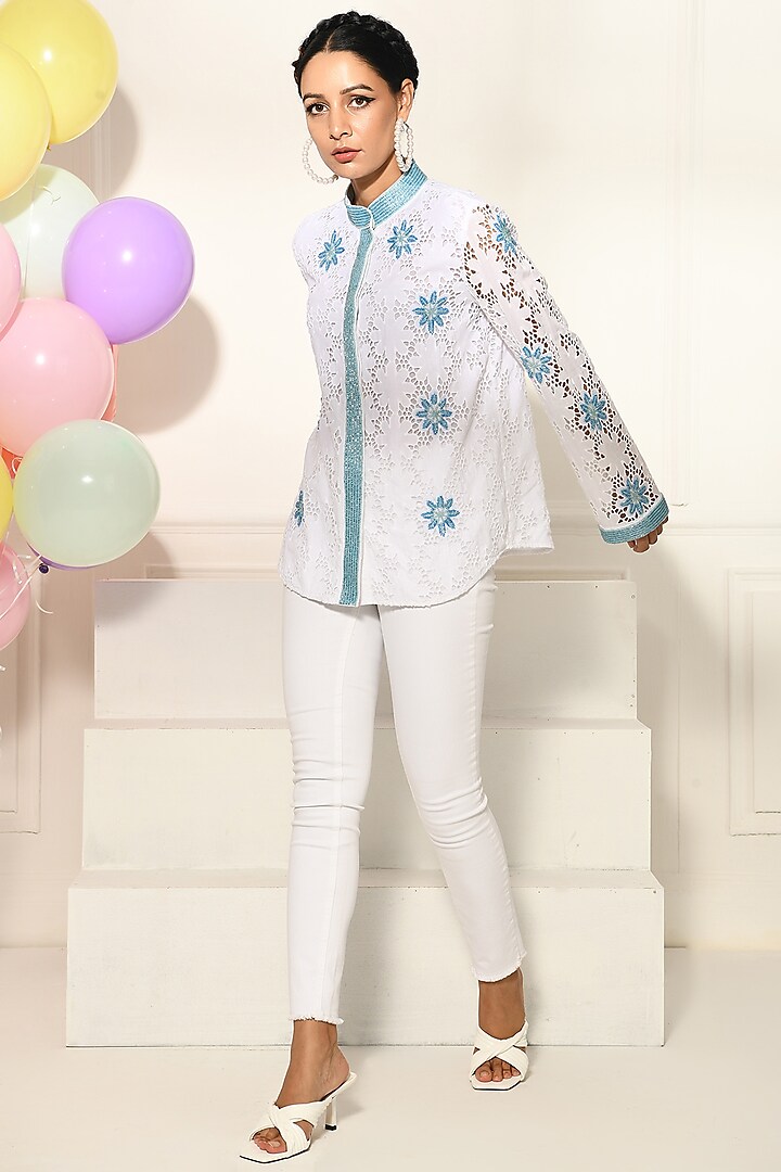 White & Blue Embroidered Shirt by Choje at Pernia's Pop Up Shop