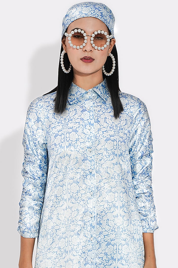 Powder Blue Printed Ruched Summer Dress by Choje at Pernia's Pop Up Shop