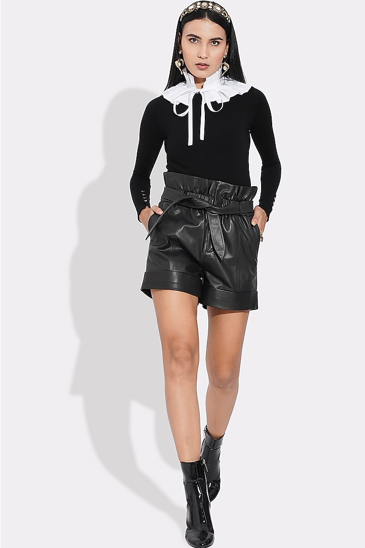 Black Leather Paper-Bag Shorts by Choje