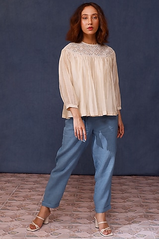 Blue Pure Linen Pant Set by Chokhi Chorri