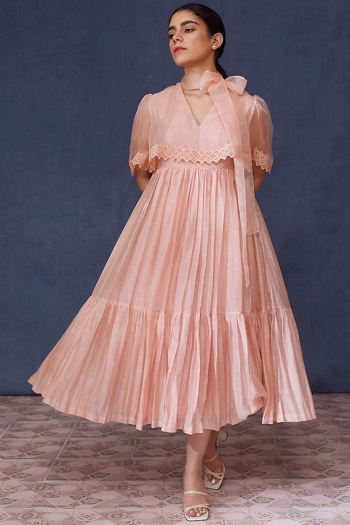 Baby Pink Silk Chanderi & Organza Tiered Dress by Chokhi Chorri
