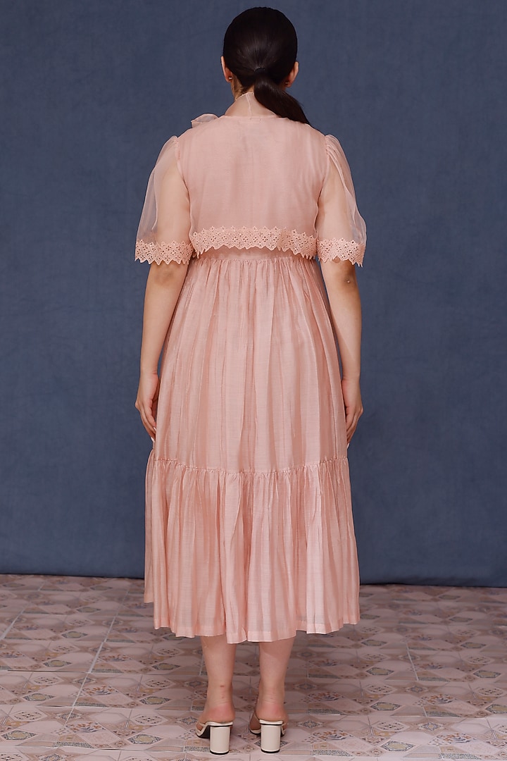 Baby Pink Silk Chanderi & Organza Tiered Vacation Dress by Chokhi Chorri at Pernia's Pop Up Shop