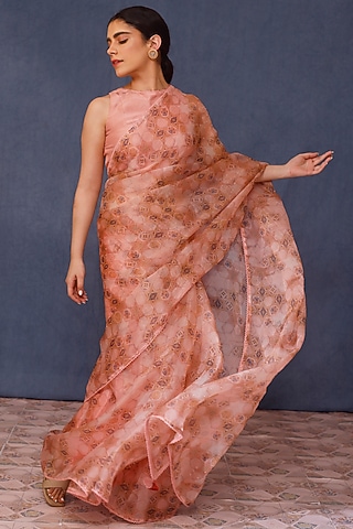 Pink Silk Organza Printed Saree Set by Chokhi Chorri