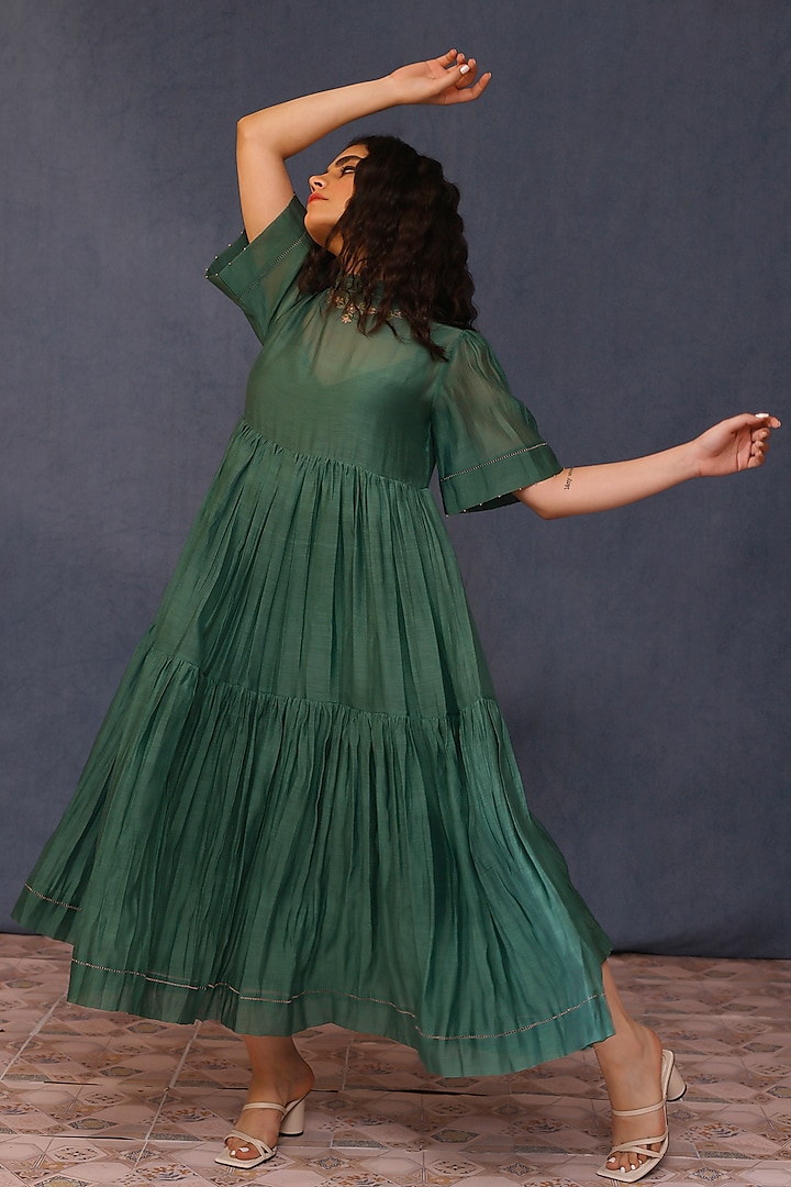 Green Malai Cotton Embroidered Dress by Chokhi Chorri