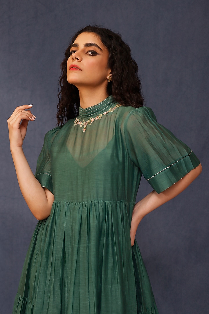 Green Malai Cotton Embroidered Summer Dress by Chokhi Chorri at Pernia's Pop Up Shop