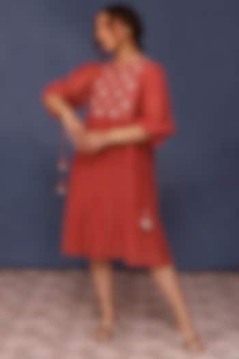Red Malai Cotton Embroidered Dress by Chokhi Chorri