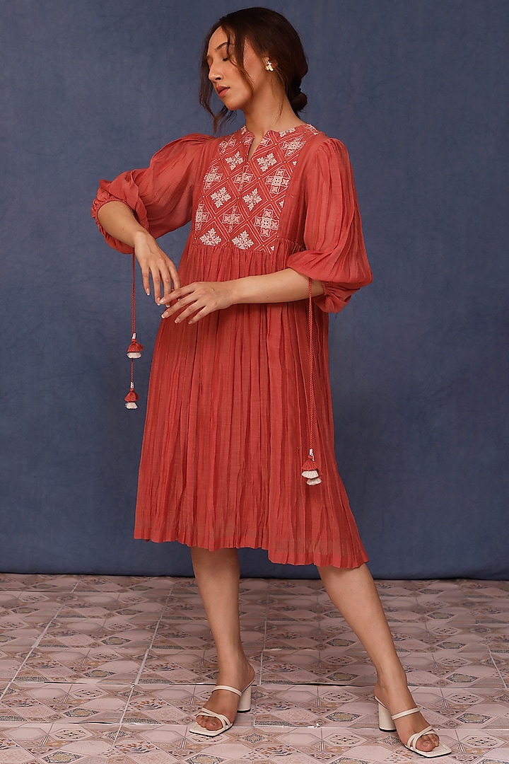 Red Malai Cotton Embroidered Dress by Chokhi Chorri