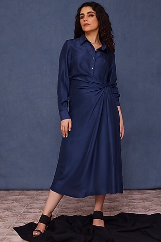 Blue Silk Shirt Dress by Chokhi Chorri