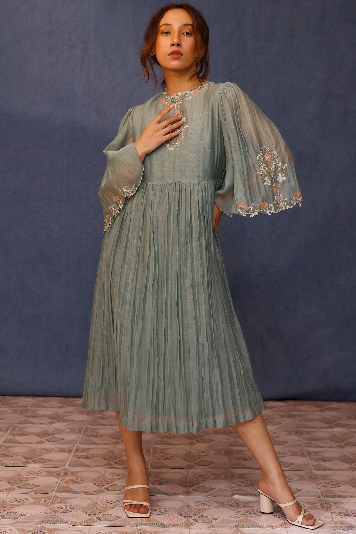 Powder Blue Malai Cotton Embroidered Dress by Chokhi Chorri at