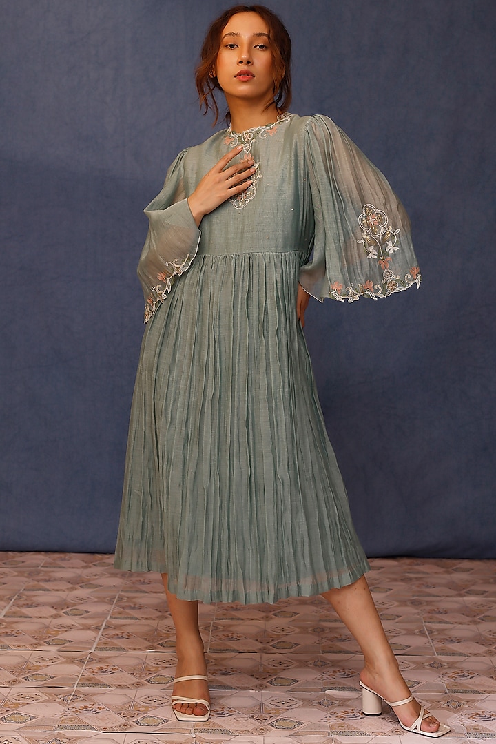 Powder Blue Malai Cotton Embroidered Dress by Chokhi Chorri