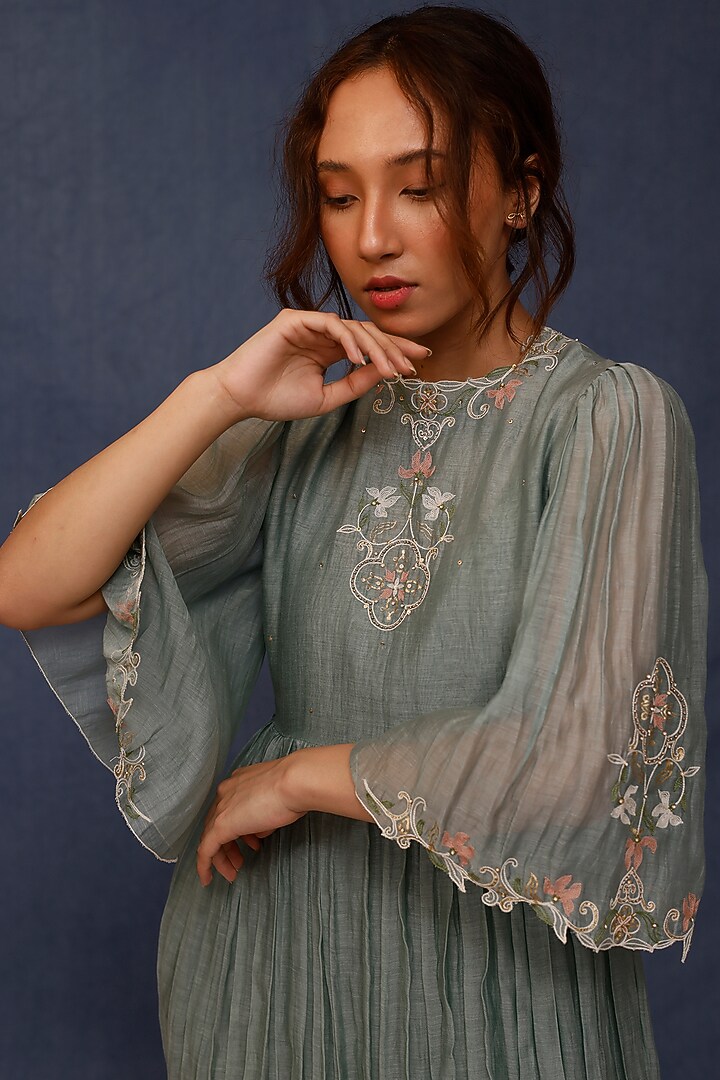 Powder Blue Malai Cotton Embroidered Summer Dress by Chokhi Chorri at Pernia's Pop Up Shop