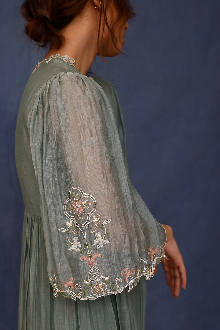 Powder Blue Malai Cotton Embroidered Summer Dress by Chokhi Chorri at Pernia's Pop Up Shop