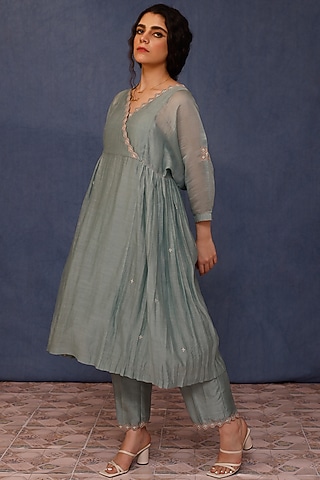Powder Blue Malai Cotton Embroidered Kurta Set by Chokhi Chorri
