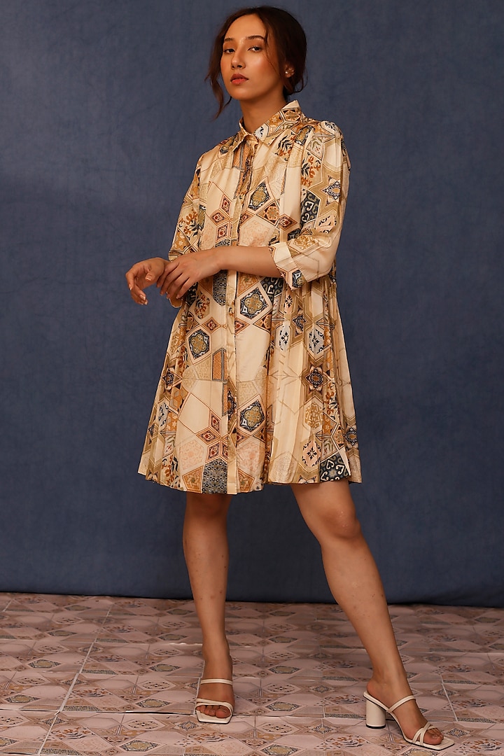 Beige Handwoven Silk Printed Shirt Dress by Chokhi Chorri