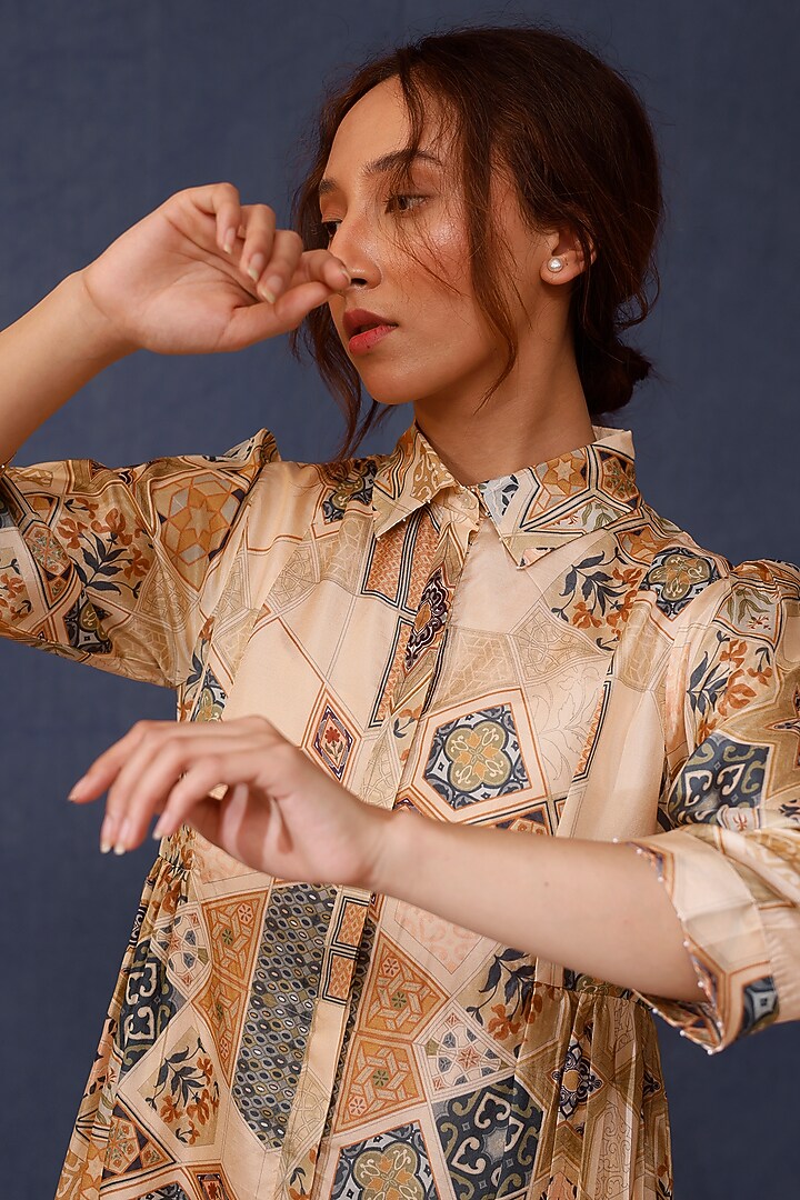 Beige Handwoven Silk Printed Summer Shirt Dress by Chokhi Chorri at Pernia's Pop Up Shop