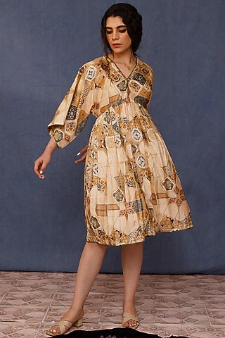 Beige Handwoven Silk Printed Kimono Dress by Chokhi Chorri