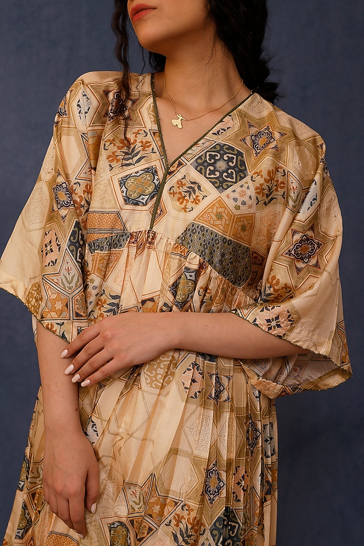 Beige Handwoven Silk Printed Kimono Summer Dress by Chokhi Chorri at Pernia's Pop Up Shop
