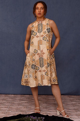 Beige Handwoven Silk Printed Dress by Chokhi Chorri