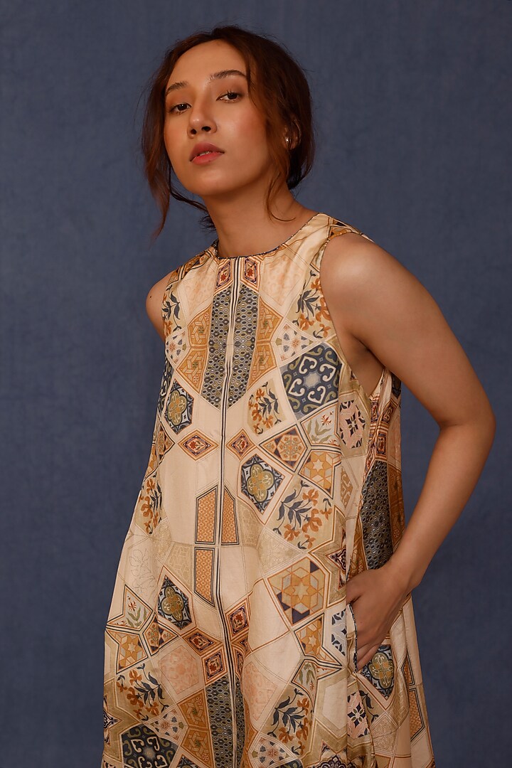 Beige Handwoven Silk Printed Summer Dress by Chokhi Chorri at Pernia's Pop Up Shop