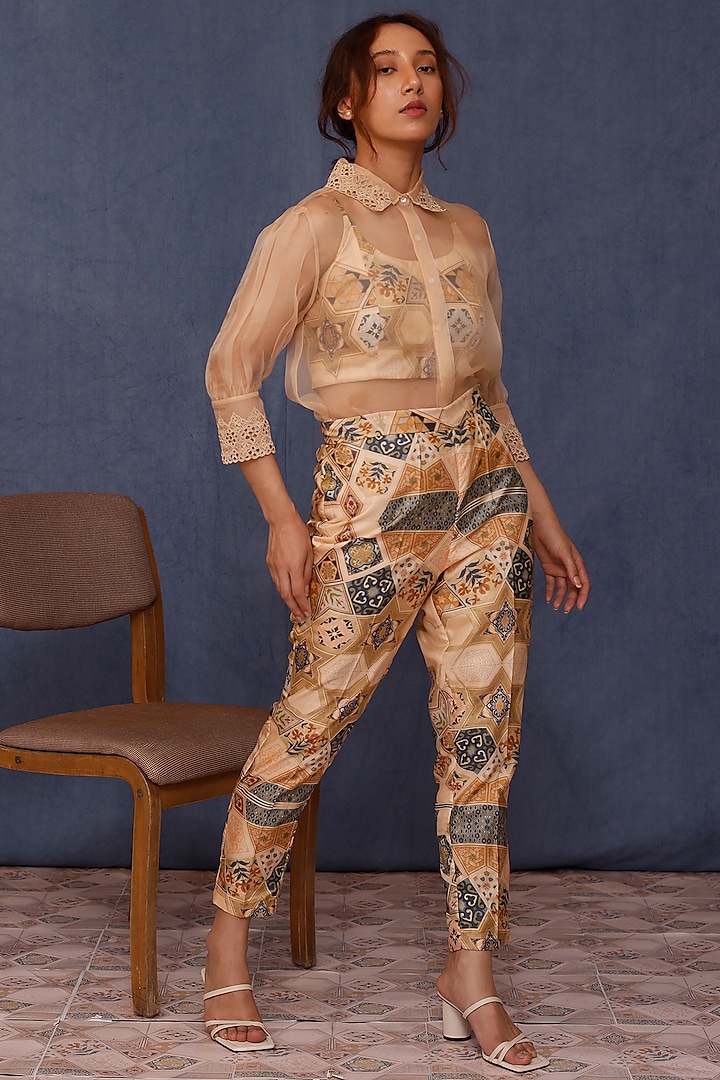 Beige Handwoven Silk & Silk Organza Printed Co-Ord Set by Chokhi Chorri