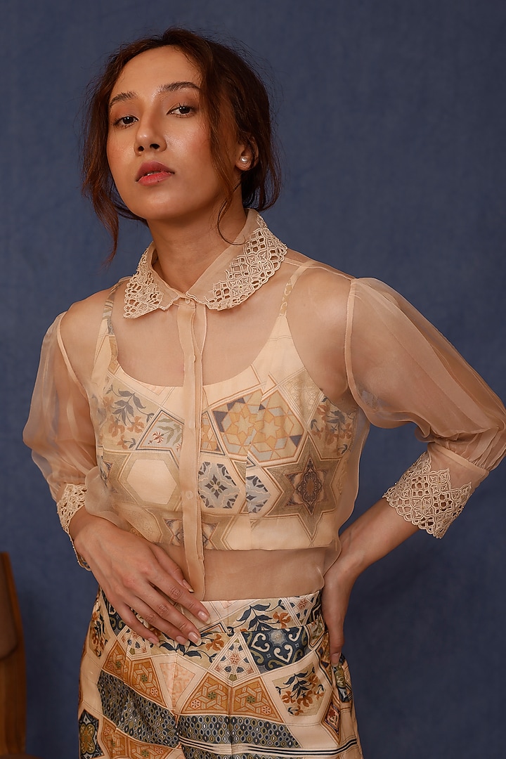 Beige Handwoven Silk & Silk Organza Printed Co-Ord Set by Chokhi Chorri at Pernia's Pop Up Shop