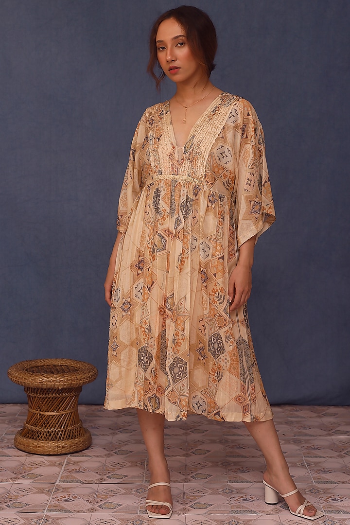 Beige Malai Cotton Printed & Embellished Midi Dress by Chokhi Chorri