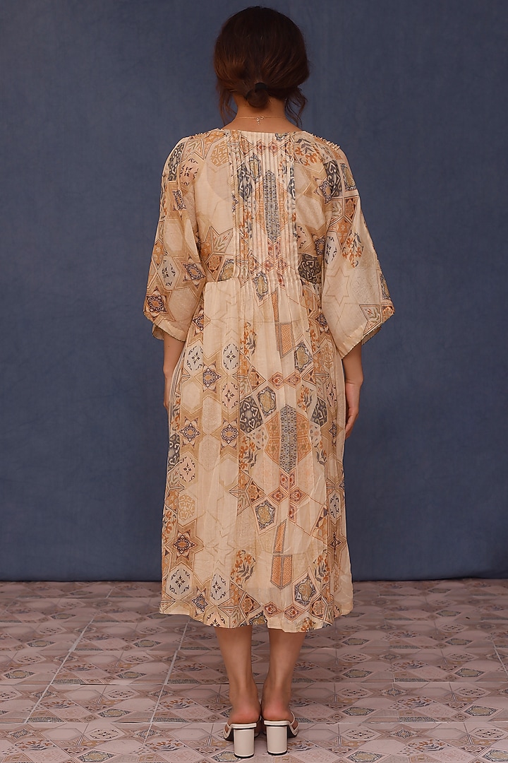 Beige Malai Cotton Printed & Embellished Midi Summer Dress by Chokhi Chorri at Pernia's Pop Up Shop