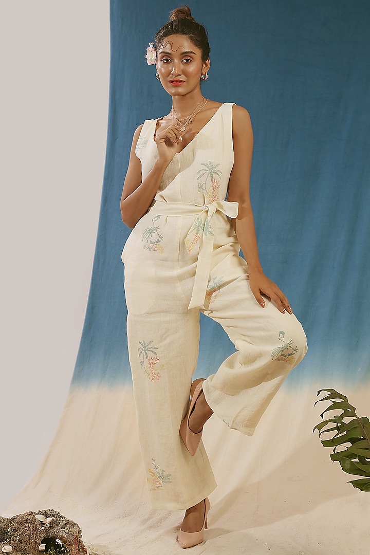 White Hand Printed Jumpsuit With Belt by Chokhi Chorri