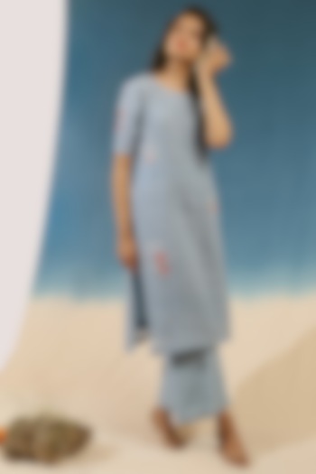 Sky Blue Printed & Embroidered Kurta Set by Chokhi Chorri at Pernia's Pop Up Shop