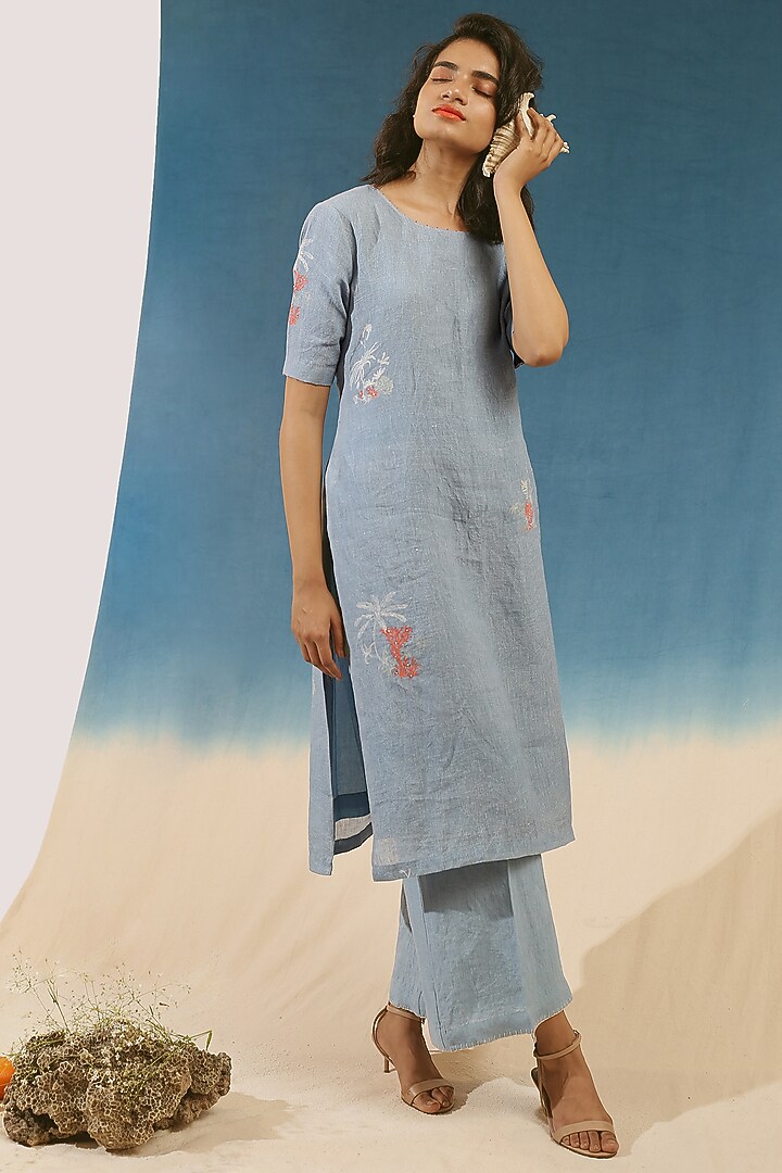 Sky Blue Printed & Embroidered Kurta Set by Chokhi Chorri at Pernia's Pop Up Shop