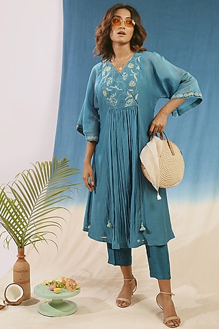 Cobalt Blue Embroidered Gathered Kurta Set by Chokhi Chorri