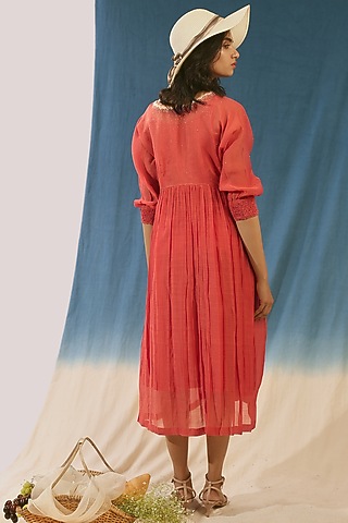 Orange Hand Embroidered Gathered Dress by Chokhi Chorri