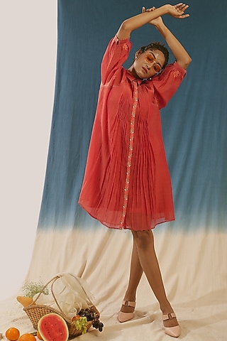 Orange Hand Embroidered Shirt Dress With Inner by Chokhi Chorri