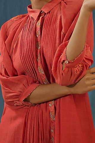 Orange Hand Embroidered Shirt Dress With Inner by Chokhi Chorri