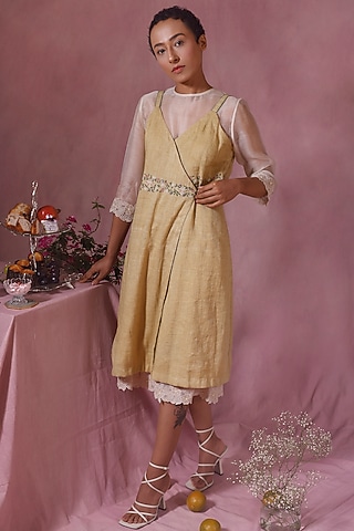 Lime Yellow Jute Silk & Cotton Net Embroidered Jacket Dress by Chokhi Chorri