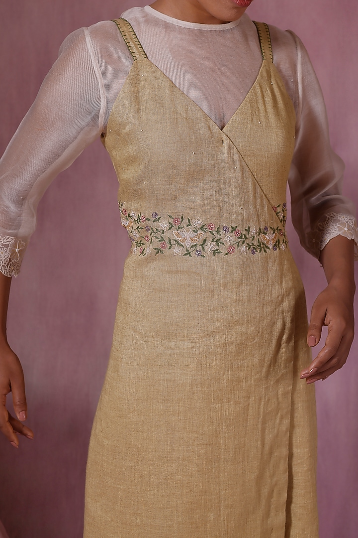 Lime Yellow Jute Silk & Cotton Net Embroidered Jacket Vacation Dress by Chokhi Chorri at Pernia's Pop Up Shop